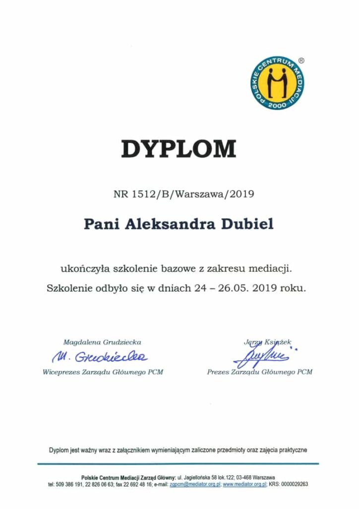Dyplom szkolenie bazowe z zakresu mediacji Aleksandra Dubiel